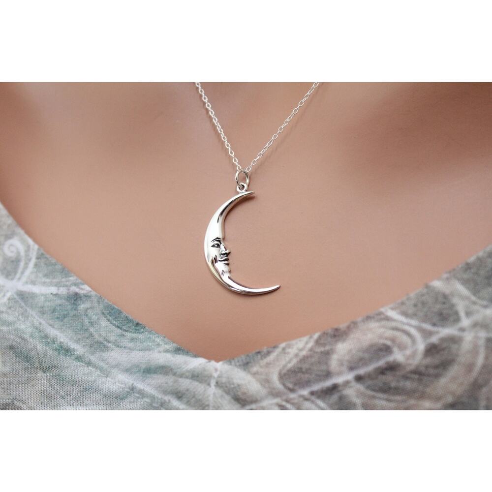 Sterling Silver Large Smiling Moon Pendant, Silver Large Smiling Moon Charm - Picture 2 of 3
